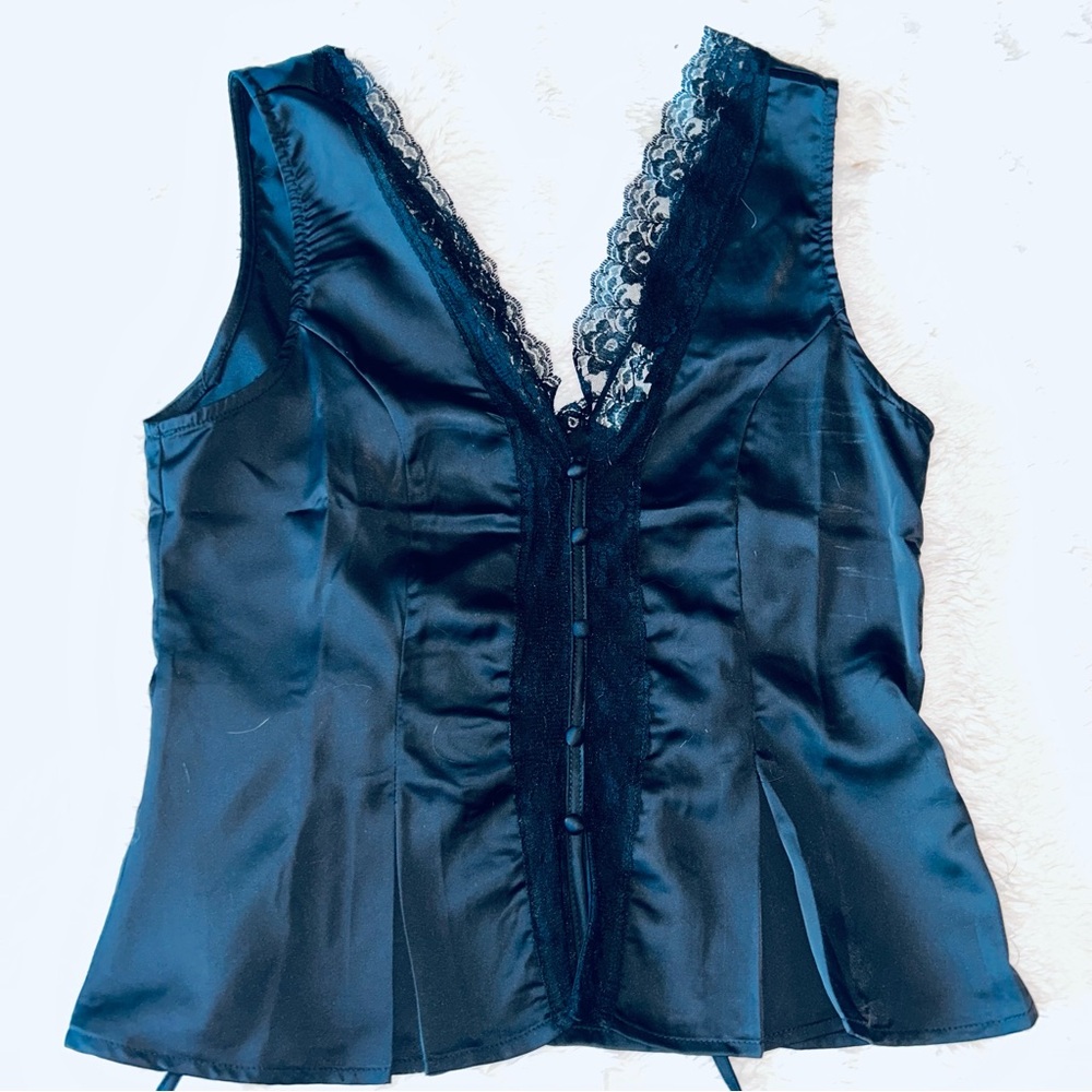 Elegant Black Lace Trim Satin Top